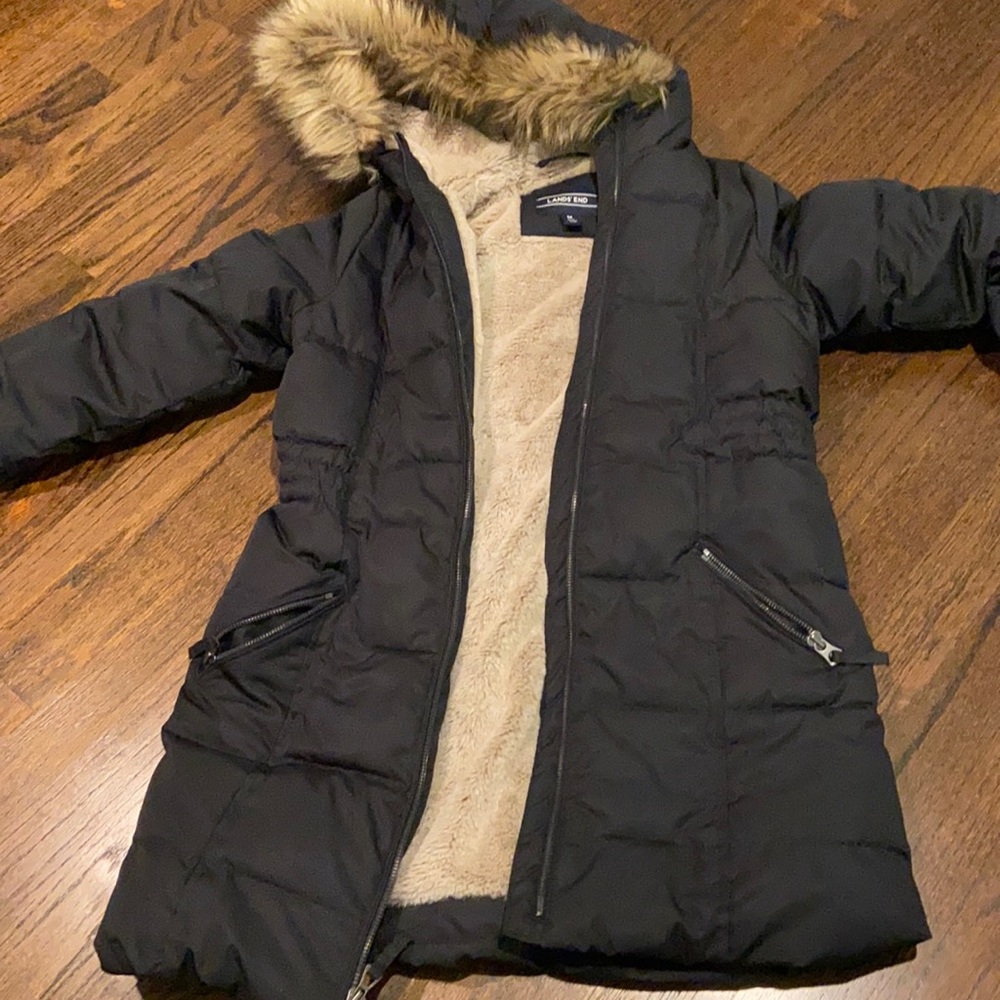 Lands End Black puffer down coat, fur hood. Hits mid to upper thigh.
